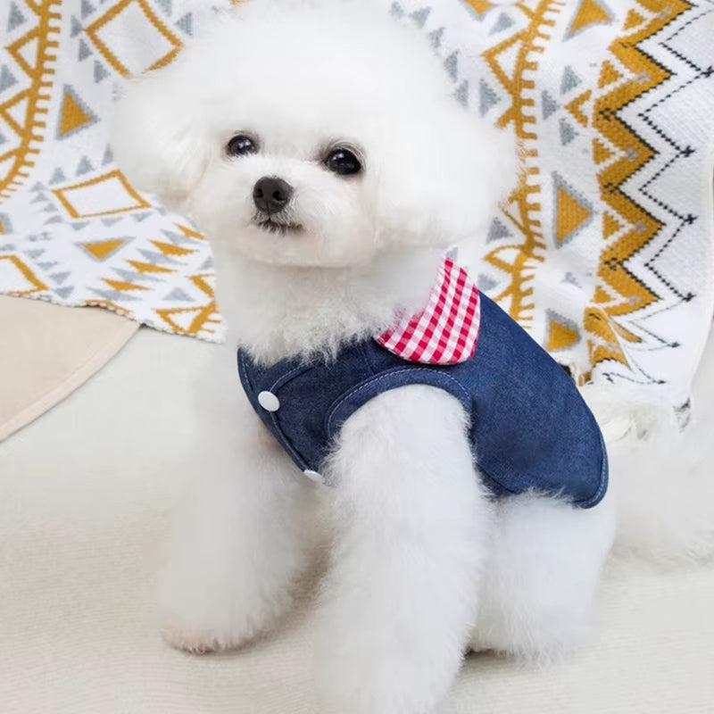 Cute Cartoon Denim Pet Dog Clothes Breathable Girl Summer Dresses for French Bulldog Creative Elastic Harness Small Puppy Vest