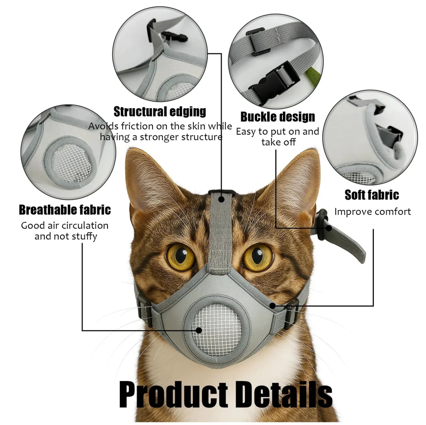 Cat Muzzle - Breathable & Adjustable Cat Mouth Cover for Grooming, Nail Trimming