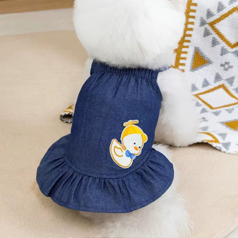 Cute Cartoon Denim Pet Dog Clothes Breathable Girl Summer Dresses for French Bulldog Creative Elastic Harness Small Puppy Vest