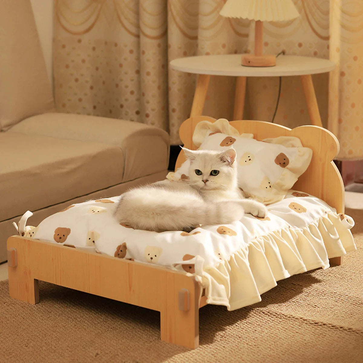 Cat Bed Wooden Cat and Dog Bed with Teddy Bear Pattern Indoor Pet Furniture Floor to Ceiling Bed(20*11Inch)Comfortable Durable
