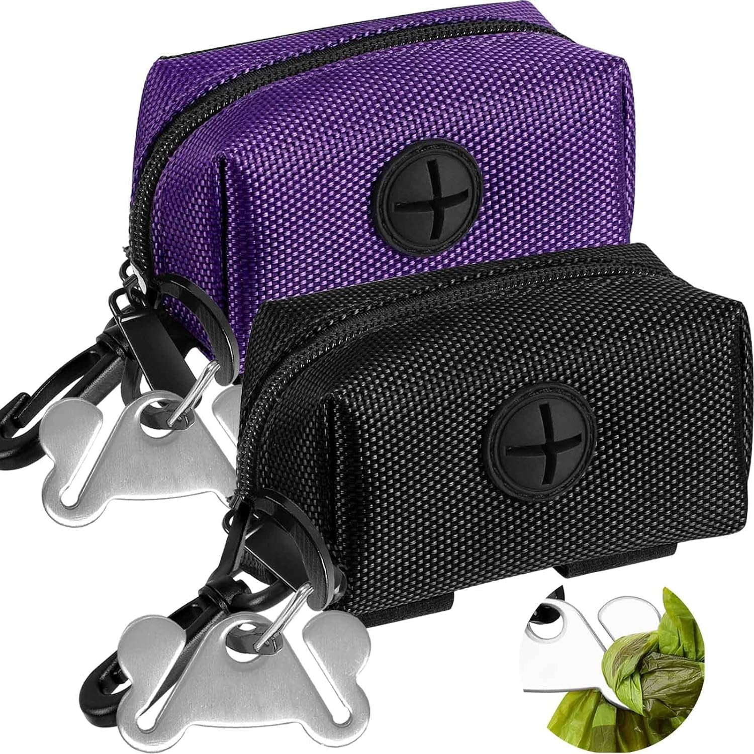 2 Pack Dog Poop Bag Holder for Leash Attachment - Waste Bag Dispenser for Leash - Fits Any Dog Leash - Portable Set with 1 Hand Free Holder Metal Carrier - Black&Purple