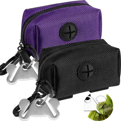 2 Pack Dog Poop Bag Holder for Leash Attachment - Waste Bag Dispenser for Leash - Fits Any Dog Leash - Portable Set with 1 Hand Free Holder Metal Carrier - Black&Purple