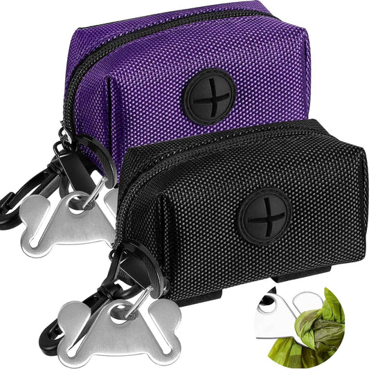 2 Pack Dog Poop Bag Holder for Leash Attachment - Waste Bag Dispenser for Leash - Fits Any Dog Leash - Portable Set with 1 Hand Free Holder Metal Carrier - Black&Purple