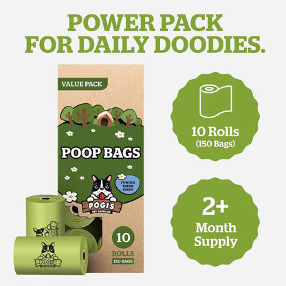 Pogi’S Dog Poop Bags - 10 Rolls (150 Doggie Poop Bags) - Leak-Proof Dog Waste Bags - Scented, Ultra Thick, Extra Large Poop Bags for Dogs
