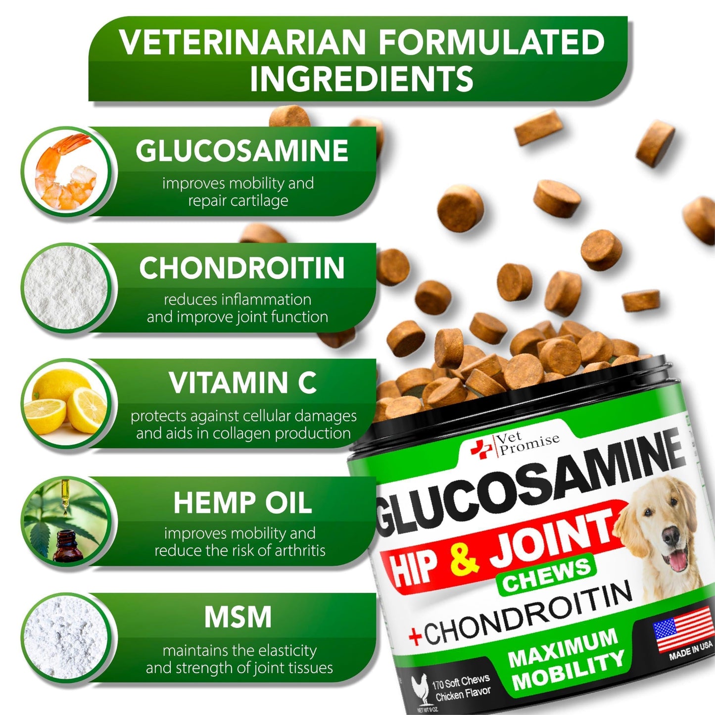 Glucosamine for Dogs Hip and Joint Supplement for Dogs Glucosamine Chondroitin for Dogs Dog Joint Pain Relief MSM Hemp Advanced Support Dog Joint Supplement 170 Mobility Chews