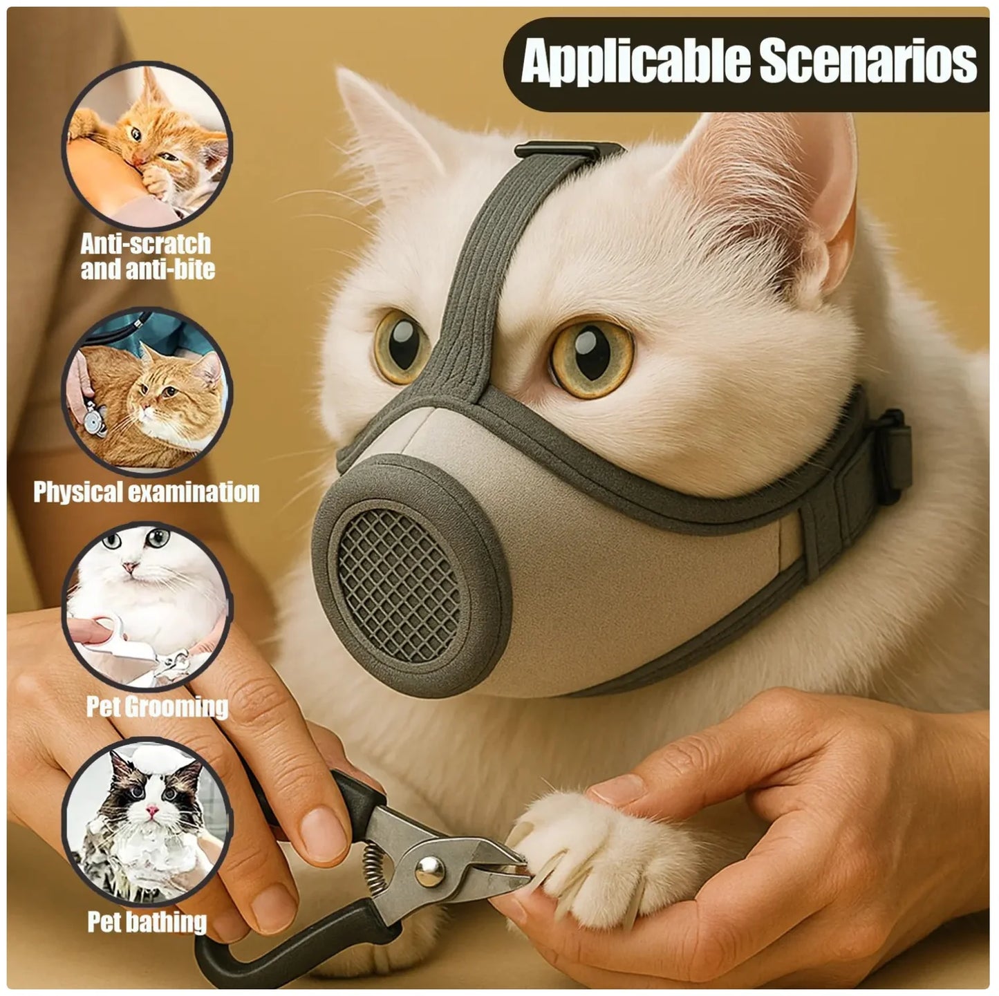 Cat Muzzle - Breathable & Adjustable Cat Mouth Cover for Grooming, Nail Trimming