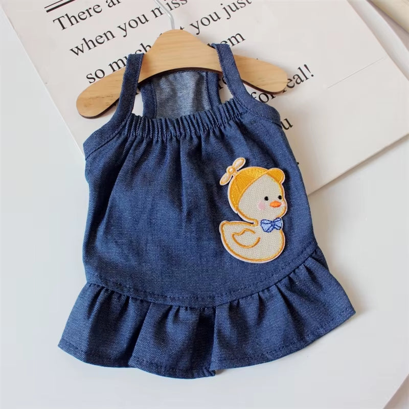 Cute Cartoon Denim Pet Dog Clothes Breathable Girl Summer Dresses for French Bulldog Creative Elastic Harness Small Puppy Vest