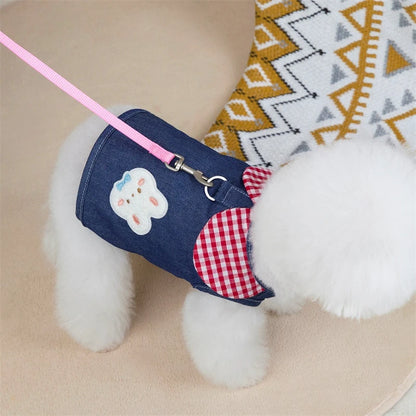 Cute Cartoon Denim Pet Dog Clothes Breathable Girl Summer Dresses for French Bulldog Creative Elastic Harness Small Puppy Vest